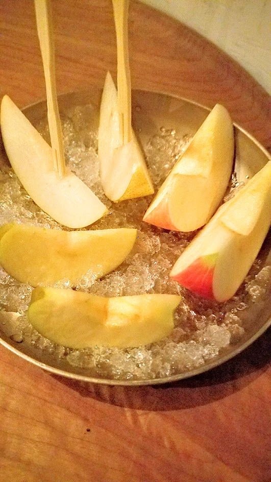 Han Oak dinner dessert course of chilled fruit on ice with Rubinette apples, Crimson Crisp, 20th Century Asian Pears