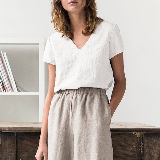 Title 7, Womens V-neck Pure Linen Solid Color Simple T-...