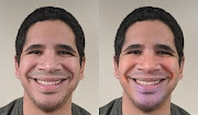 PURPLE PATCH A happy face as it was originally photographed (left) and retouched to emphasise colour changes. Researchers at The Ohio State University found that people are able to correctly identify other people's feelings up to 75% of the time based solely on subtle shifts in blood flow colour around the nose, eyebrows, cheeks or chin.  