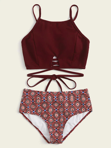 Title 6, Women In High Waisted Brown Split Swimsuit
