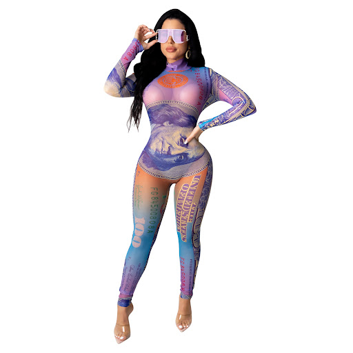 Title 2, Sexy Dollar Printed Mesh Long Sleeve Jumpsuit f...