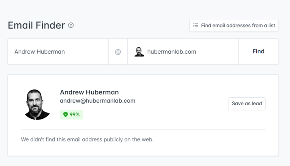 Andrew Huberman search on Hunter.io