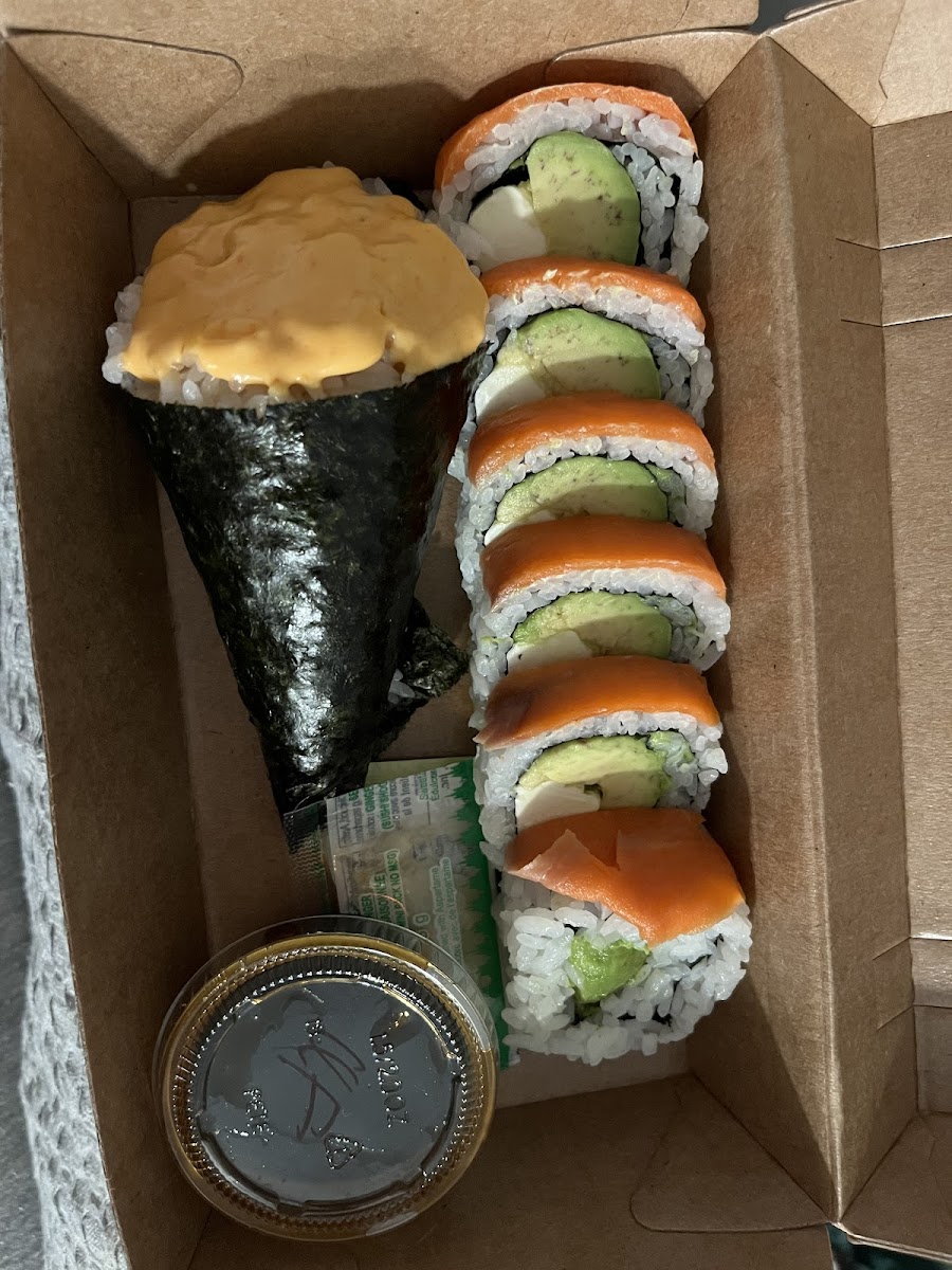 Philly roll and spicy tuna cone. The container is the gluten free soy sauce they offer.