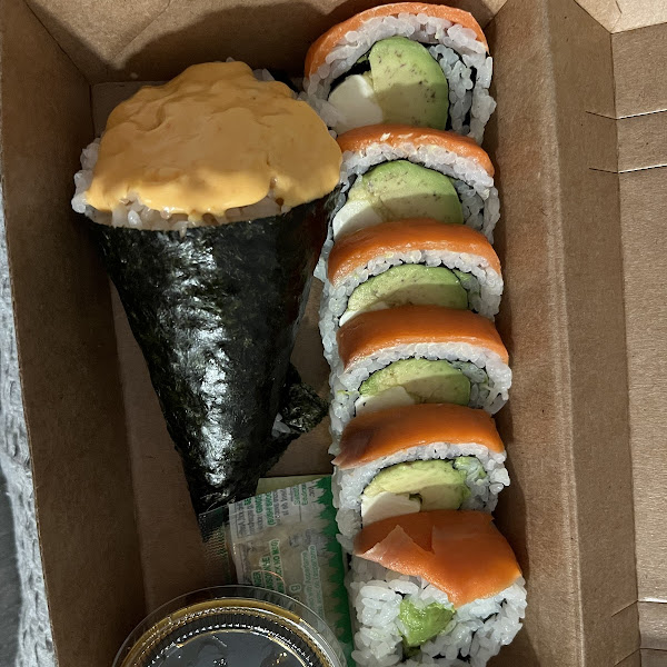 Philly roll and spicy tuna cone. The container is the gluten free soy sauce they offer.