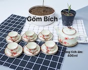 Bộ Ấm Chén Dáng Vuông Men Kem Vẽ Tay Gốm Sứ Bát Tràng