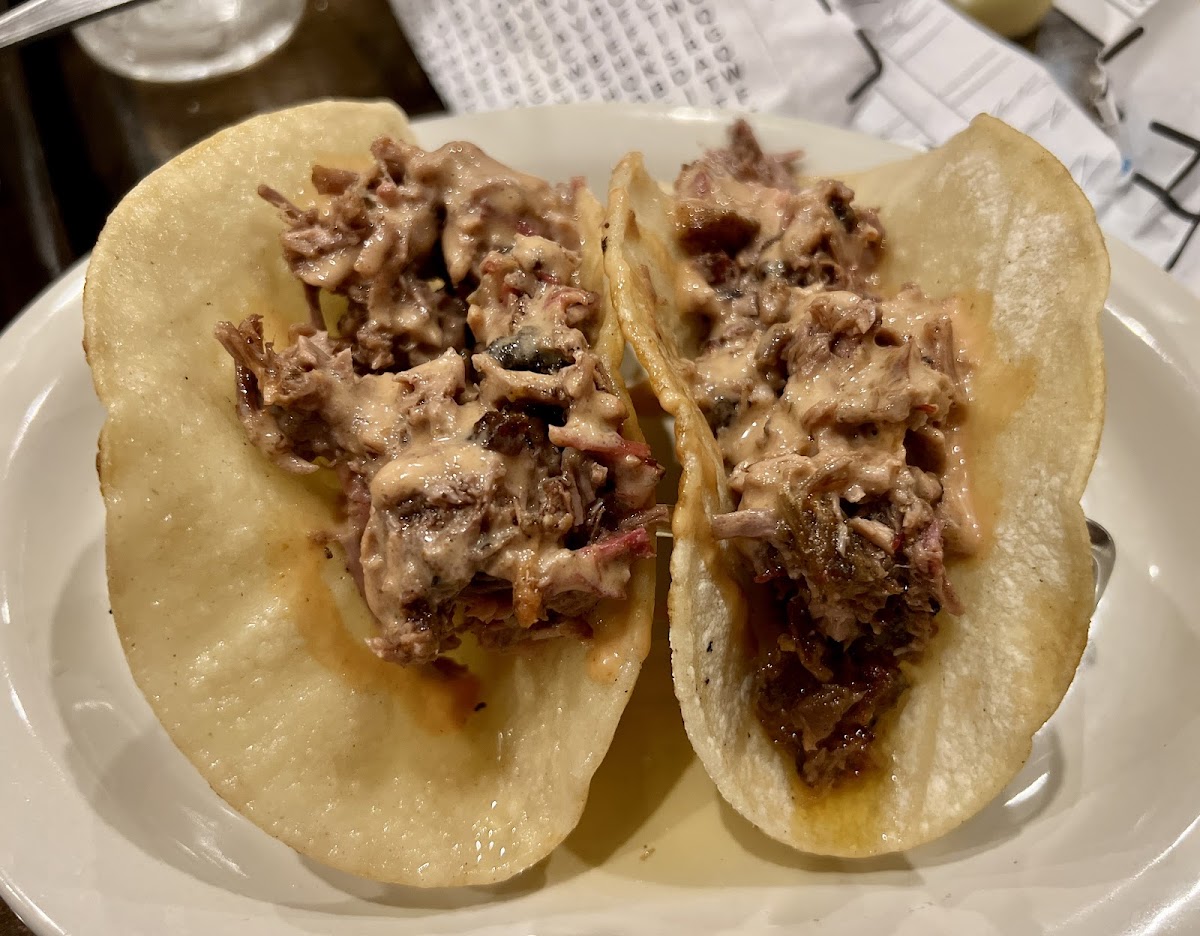 Brisket tacos on corn tortillas