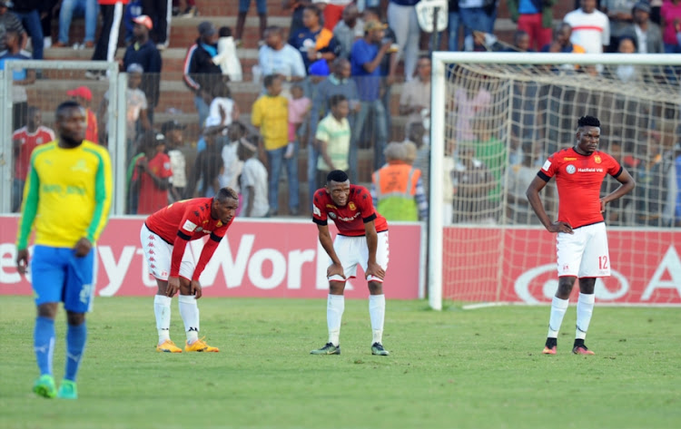 Highlands Park showing their disappointment when they drew with Mamelodi Sundowns during the Absa Premiership match between Highlands Park and Mamelodi Sundowns at Makhulong Stadium on May 27, 2017 in Johannesburg, South Africa.