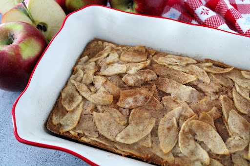 Depression Apple Spice Cake dusted with cinnamon.