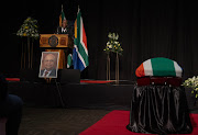 President Cyril Ramaphosa delivers the eulogy at the funeral of former minister Pravin Gordhan in Durban. 