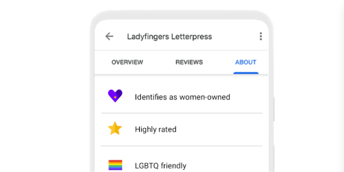 Um celular exibe o perfil da empresa "Ladypress Fingers" no Google Business. Na aba “Sobre”, vemos o atributo “identificado como propriedade de mulheres” ao lado de um coração roxo.