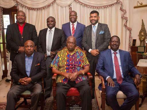 Former President Daniel Moi with politicians who visited him at his Kabarak home on April 12, 2018. /EVANS OUMA