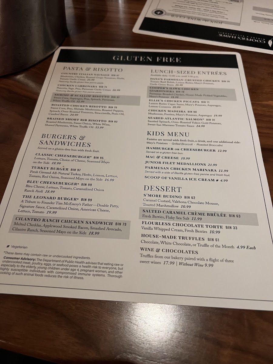 Cooper's Hawk gluten-free menu