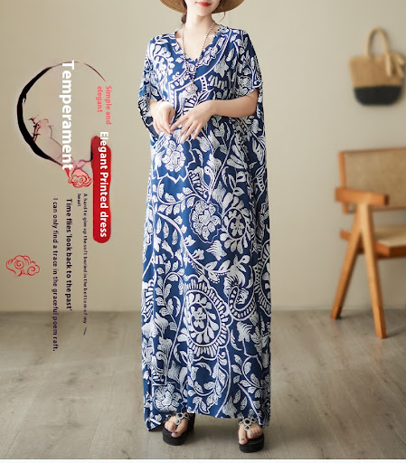 Title 11, Womens V-neck Printed Cotton Maxi Dress Vacati...