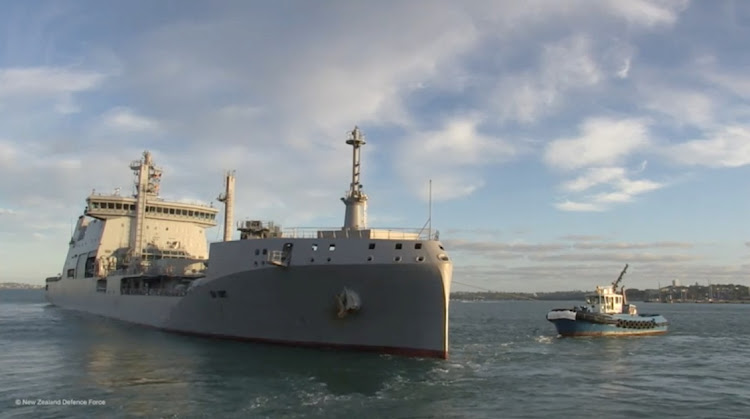 HMNZS Aotearoa departs from Auckland, New Zealand, on January 18 2022 to provide disaster relief and assistance to Tonga after Saturday's offshore volcanic eruption and subsequent tsunami on the Pacific island nation. Picture: NEW ZEALAND DEFENCE FORCE/HANDOUT VIA REUTERS