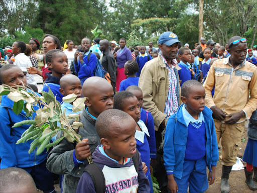 Kiserian Primary School pupils demonstrate on Sunday. They were protesting against their teacher who allegedly caused the death of one of their own on Saturday after she failed to remit Sh40 for tuition.Photo/Kurgat Marindany