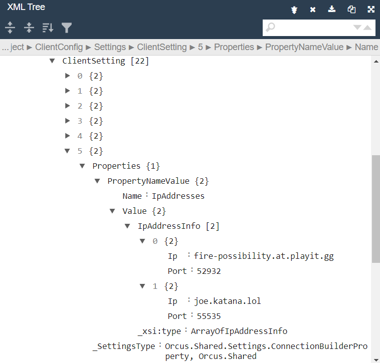 Example of C2s properties in the decrypted XML config