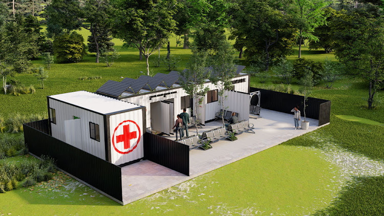 A rendering of one of the Moti Group's African Hero day clinics. Built from recycled shipping containers, there are three different designs to chose from; this one includes two consulting rooms and a dispensary.