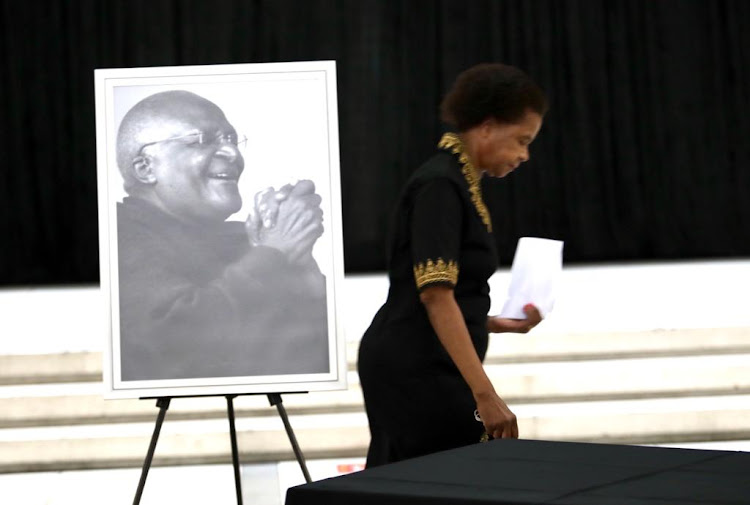 Mamphela Ramphele delivers a tribute to the late Archbishop Desmond Tutu. Tutu's body will lie in state between Thursday and Friday.