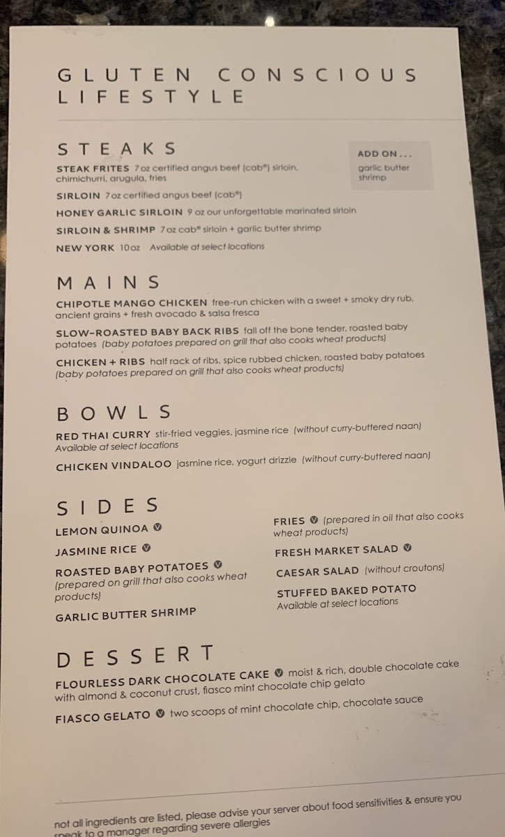 Moxie's gluten-free menu