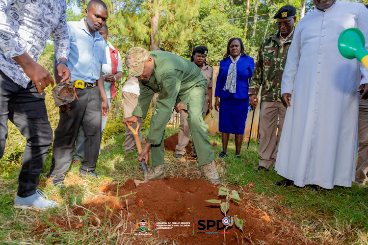 Public service CS Moses Kuria plants a tree at Kiobwoge Vocational Training Centre in Nyamira county, while on a tour of the NYS and Vocational Training Centres Mashinani programme on March 22, 2024.