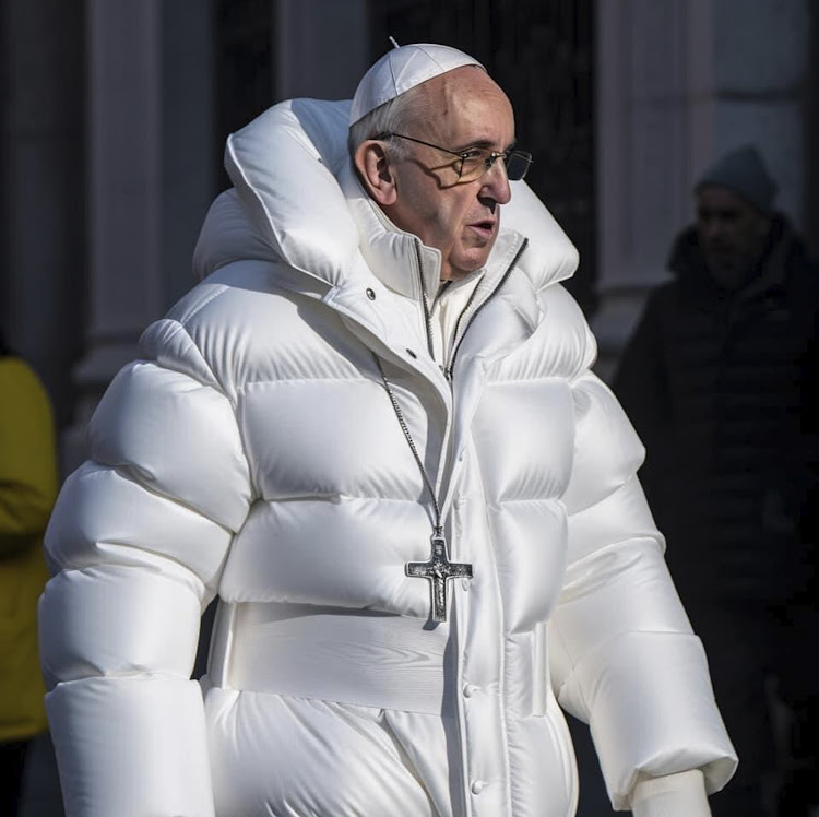 A fake AI generated photo of Pope Francis in a Balenciaga puffer coat.