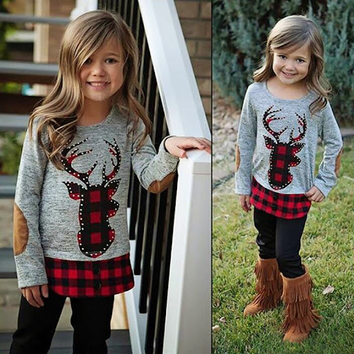 Title 3, Girls Elk Pattern Red Plaid Top Trousers Two-Pi...