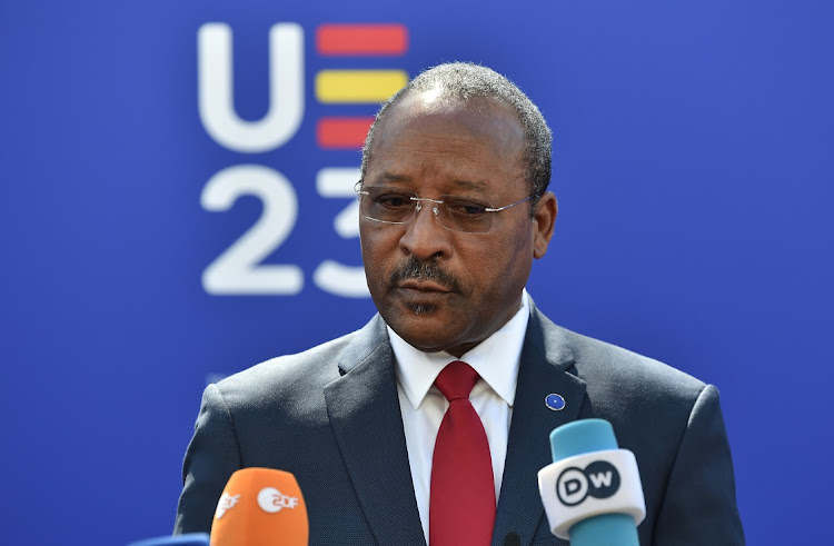 Hassoumi Massoudou, Foreign Minister of Niger addresses members of the media during the EU Foreign Ministers informal meeting on August 31, 2023 in Toledo, Spain.