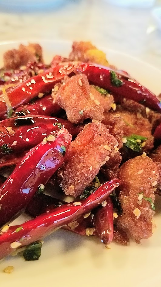 Danwei Canting spicy chicken with whole chili peppers and Sichuan peppercorns