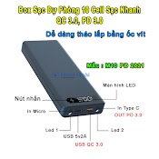 Box Sạc Nhanh 10 Cell Qc3.0 Pd3.0 Tháo Lắp Dể Dàng Đầu Vào Usb Micro, Usb Type C