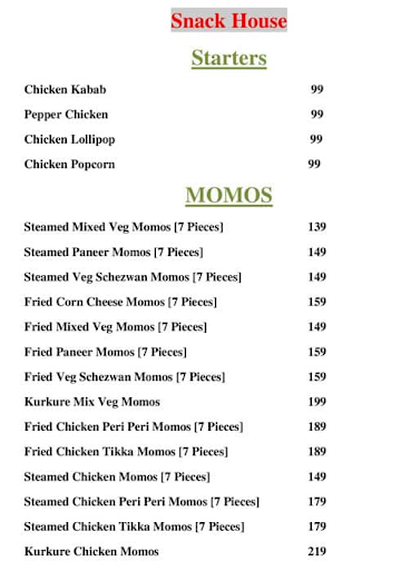 Snack House menu 