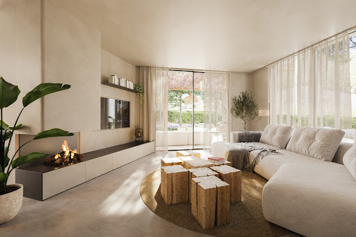 Modern living room with fireplace and white sofa in this luxury house for sale in Begur ($3,184,013)