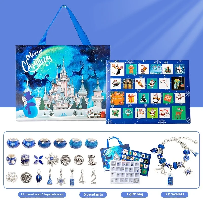 Kalendarz adwentowy DIY dla dzieci, 24 przegródki, zestaw bransoletek, świąteczna niespodzianka, blind box, srebrny.
