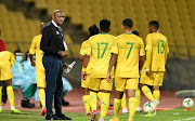 South Africa coach Molefi Ntseki speaks to the players during the International Friendly match between South Africa and Namibia at Royal Bafokeng Stadium on October 08, 2020 in Rustenburg, South Africa.Bafana Bafana returns to the field for the first time this year hosting neighbours Namibia post Covid 19 sport regulations in South Africa. 