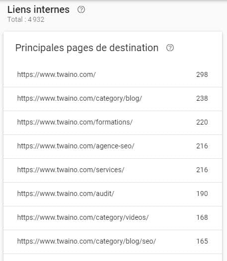 Rapport des liens internes avec la Search Console