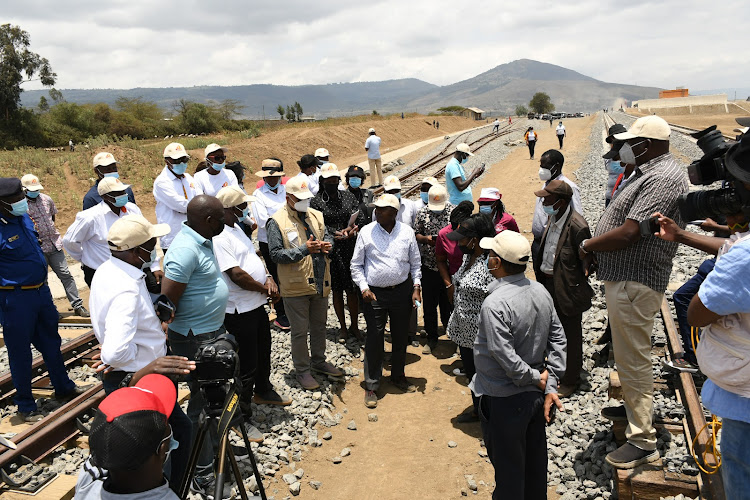 Members of the parliamentary committee on finance and planning join the management of Kenya Railways on 24/9/21 in touring the extension of the 24km meter-gauge railway (MGR) line from Mai Mahiu Inland Depot Container (ICD) to Longonot town in Naivasha which is now complete.