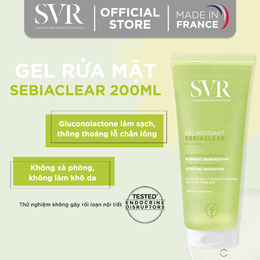 Gel rửa mặt không có xà phòng, làm sạch, loại bỏ tế bào da chết SVR SEBIACLEAR GEL MOUSSANT 200ml