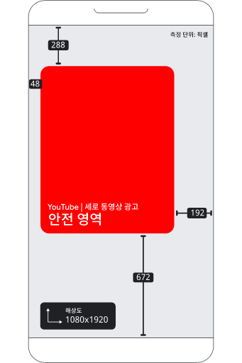 '표시 가능 영역'이라고 표시된 빨간색 직사각형 주변에 픽셀 값이 표시된 세로 동영상 광고. 해상도는 1080x1920입니다. 
