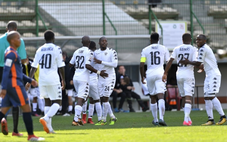 Players celebrate the goal of Iqraam Rayners of Stellenbosch FC during the National First Division match between Stellenbosch FC and Real Kings at Athlone Stadium on March 04, 2018 in Cape Town.