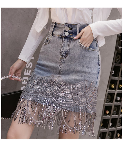 Title 7, Sequin embroidery stitching denim skirt for a s...