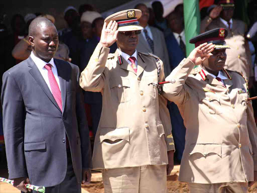 Uasin Gishu county commissioner Abdi Hassan with Governor Jackson Mandago during Jamhuri Day Celebrations in Eldoret, December 12, 2017. /MATHEWS NDANYI