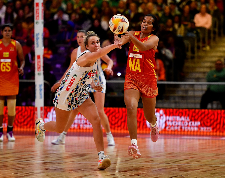 Jeante Strydom of South Africa and Dulangi Wannithilake of Sri Lanka during the Netball World Cup 2023, Pool C match at Cape Town International Convention Centre Court 1 on July 29, 2023.