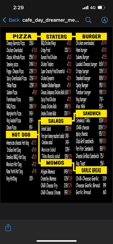 Cafe Daydreamer menu 