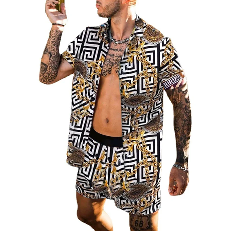 Summer Men Hawaiian Sets Printed Breathable Lapel Short Sleeve Shirtelastic Waist Beach Shorts Streetwear Casual Men Set