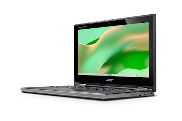 Sicht von links auf ein aufgeklapptes Acer Chromebook Spin 311 mit Blick auf den Startbildschirm