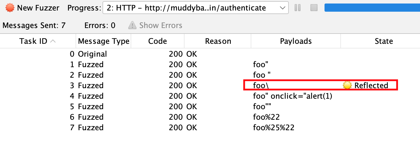 Fuzzing results in ZAP, with a highlighted entry showing the payload foo followed by a trailing backslash (or escape) character was marked as reflected.