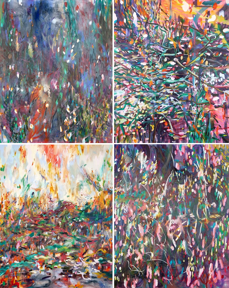 From top left, clockwise, To the South, To the North, To the East and To the West, all oil on canvas (122 x 153cm).