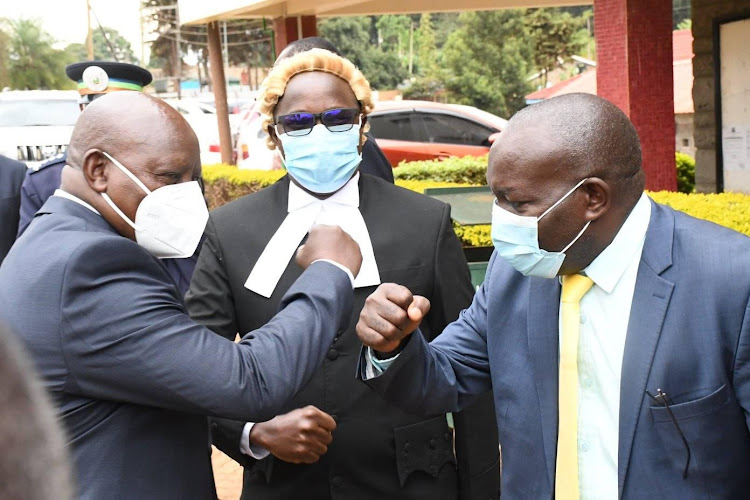 Nyeri Governor Mutahi Kahiga is received by speaker John Kaguhia and majority leader James Kanyugo when he arrived at the assembly to deliver his fourth state of the county address on Wednesday