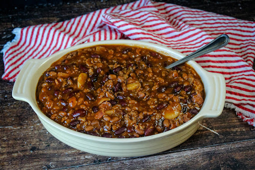 Ride 'Em Baked Beans in a serving dish.