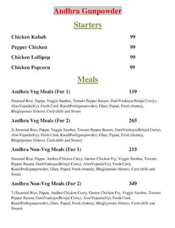 Andhra Gunpowder menu 