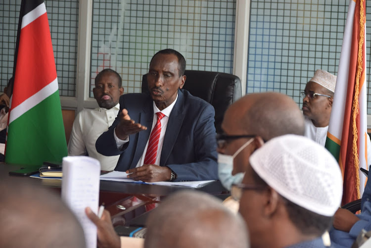 Wajir Governor Mohamed Abdi speaks during a County Public Service Board Committee at Council of Governors offices in Westlands on Monday, April 11.